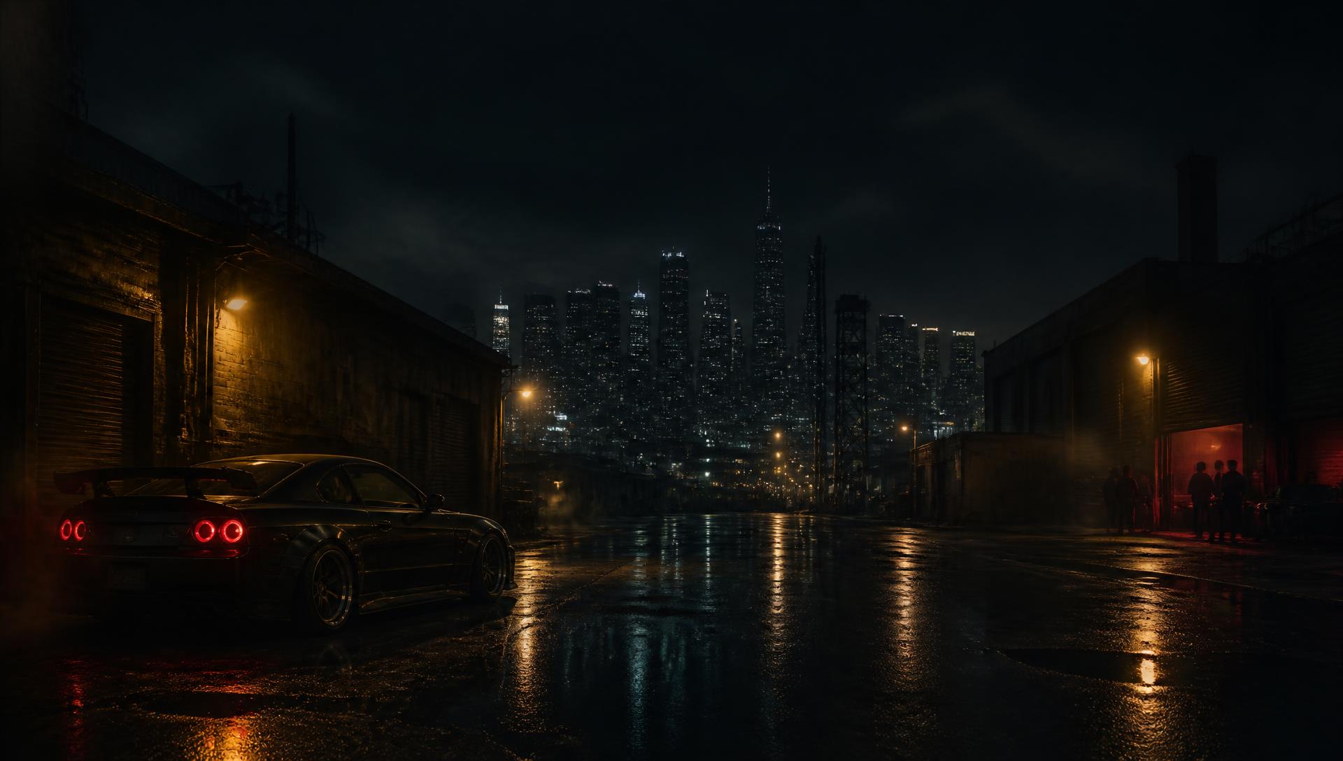 Fictional city at night with a modified car on wet asphalt